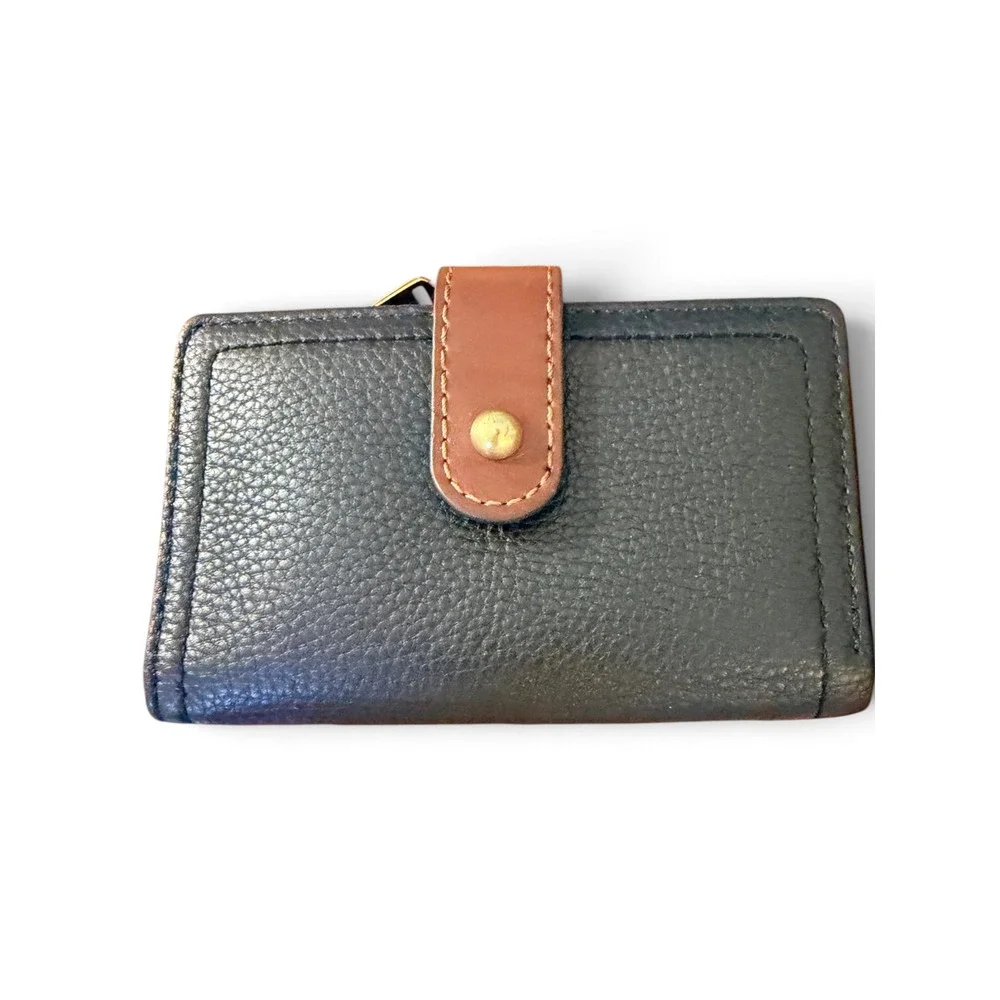 Fossil Trifold Wallet Black Pebbled Leather Brown Trim Card Slots Small